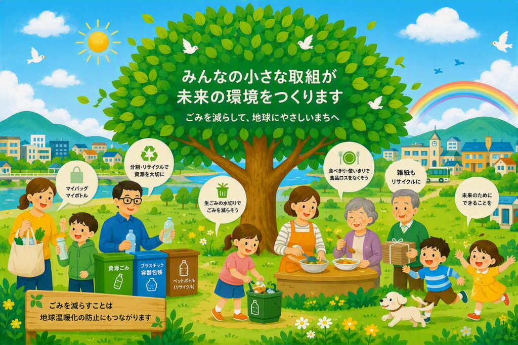 ごみの分別や食品ロス削減など、ごみ減量に取り組む市民のイラスト。